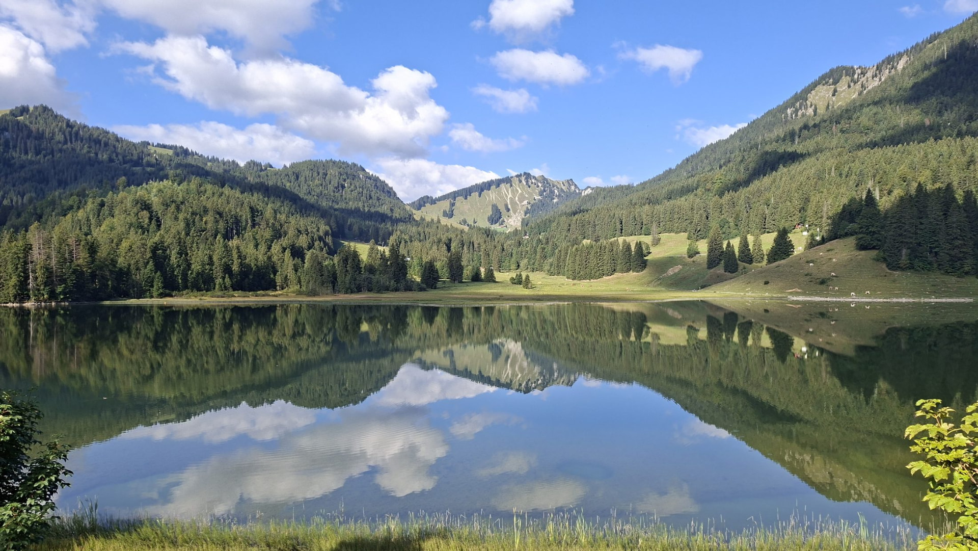Spitzingsee, a small alpine lake with a perfect mirror reflection of the surrounding forest and mountains near the start of the Rotwand trail.