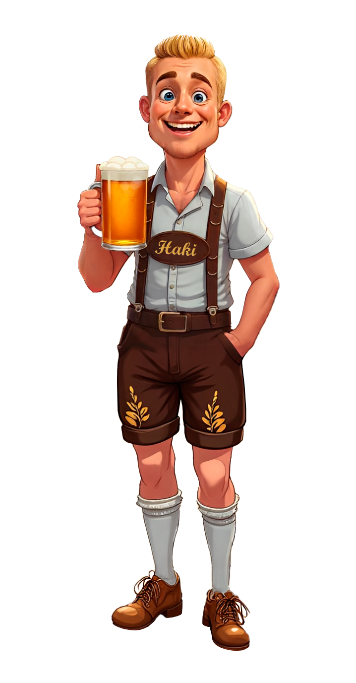 Haki, the Haki Travels mascot in lederhosen, holding a beer stein